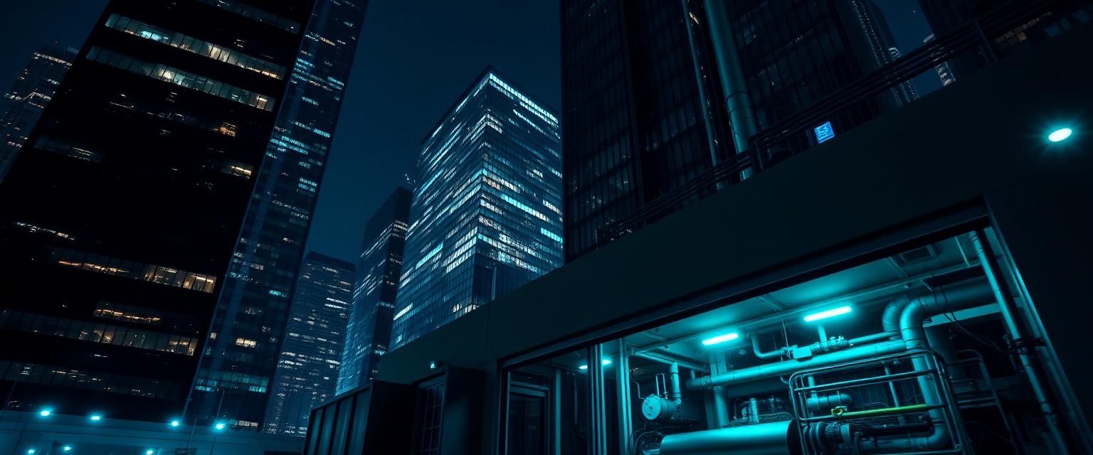 Commercial towers and building services plant illuminated at night
