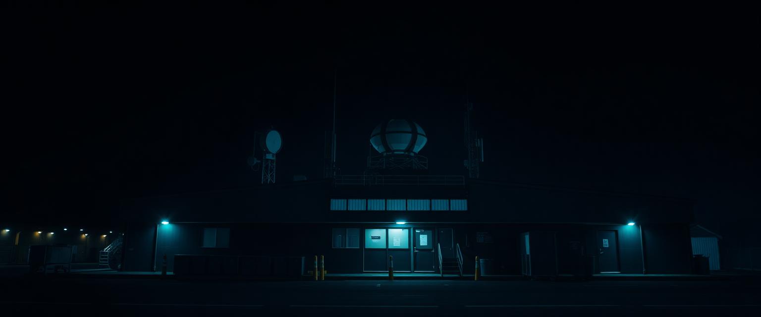 Secure critical infrastructure facility with radar and communications antennas at night