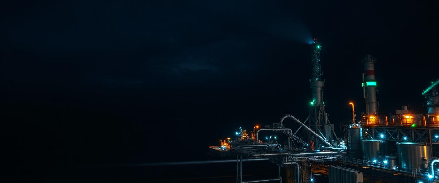 Offshore oil and gas platform with flare stacks illuminated at dusk