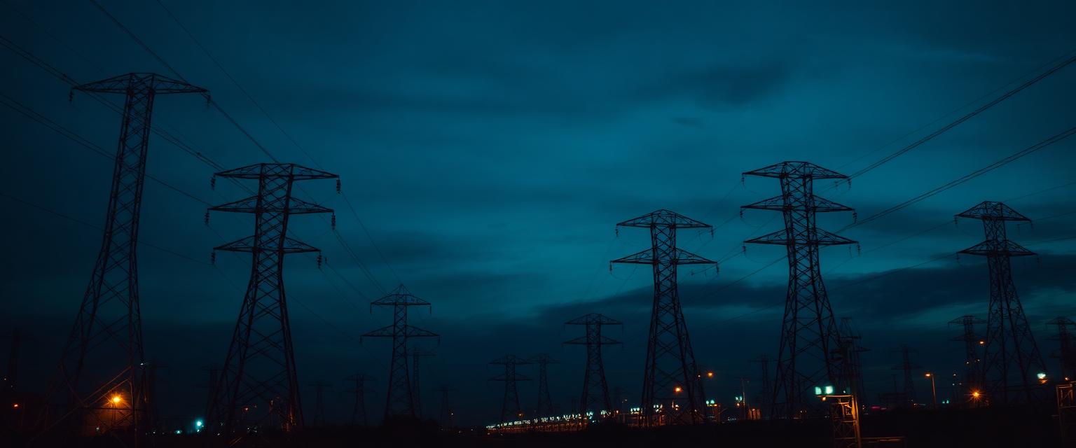 High-voltage transmission towers and grid infrastructure at twilight